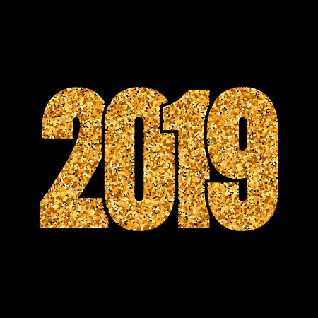 Happy New Year shiny gold number 2019. Golden glitter digits isolated on black background. Shiny glowing design, light sparkle for Christmas celebration, greeting card, poster Vector illustrationのイラスト素材