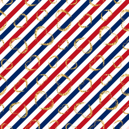 Gold heart seamless pattern. Red-blue-white geometric stripes, golden grunge confetti-hearts. Symbol love, Valentine day holiday. Design wallpaper, background, fabric texture Vector illustrationのイラスト素材