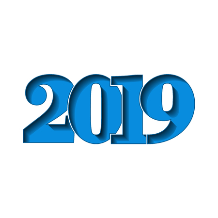 Happy new year card. Blue 3D number 2019, isolated on white background. Graphic design holiday celebration, greeting text, Christmas banner decoration Vector illustrationのイラスト素材