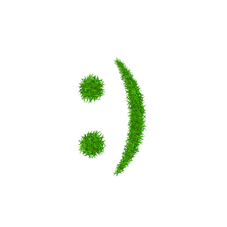 Green grass face smile. Smiley grassy icon, isolated white background. Ecology concept. Happy smiling sign. Symbol eco lawn, nature, safe environment, healthy, fresh spring Vector illustrationのイラスト素材