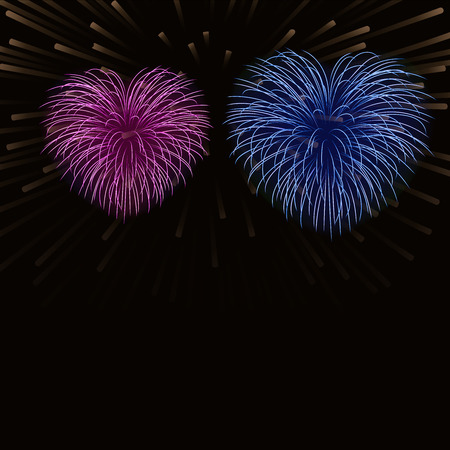 Beautiful heart-fireworks background card. Bright romantic couple fireworks. Isolated black background. Light love salute for Valentine Day celebration. Symbol wedding. Vector illustrationのイラスト素材