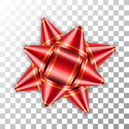 Red bow ribbon 3d decor element package Shiny color satin decoration gift present isolated white transparent background. Christmas New Year celebration, birthday holiday design Vector illustrationのイラスト素材
