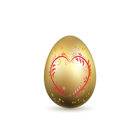 Easter egg 3D icon. Gold egg, heart, isolated white background. Floral hand drawn design, flower branch decoration pattern Happy Easter celebration. Holiday element. Spring symbol Vector illustrationのイラスト素材