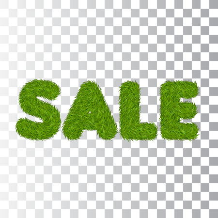 Green grass sale text, isolated white transparent background. Spring or summer nature design for banner, flyer, poster offer. Discount sale. Eco 3D texture. Letter grassy signs Vector illustrationのイラスト素材