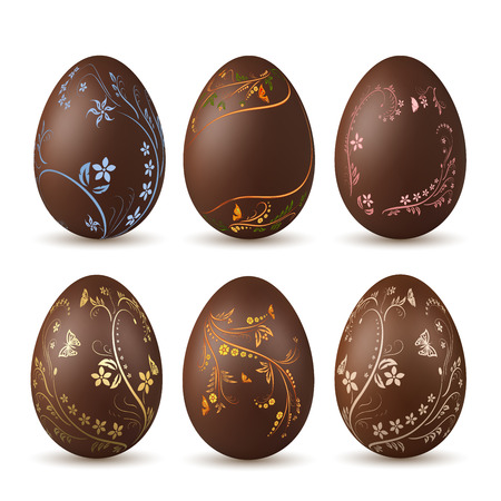 Easter egg 3d. Chocolate brown eggs set, isolated white background. Traditional sweet candy dessert, decoration Happy Easter celebration. Flower design element holiday, greeting Vector illustrationのイラスト素材