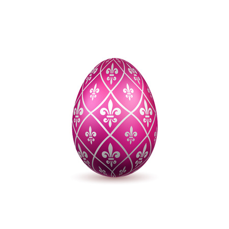 Easter egg 3D icon. Color egg, isolated white background. Flower fleur de lis design, decoration for Happy Easter celebration. Royal lily element. Holiday pattern. Spring symbol Vector illustrationのイラスト素材