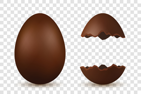 Easter egg 3d. Chocolate brown whole and broken eggs set, isolated white transparent background. Traditional decoration Happy Easter celebration. Design element spring holiday Vector illustrationのイラスト素材