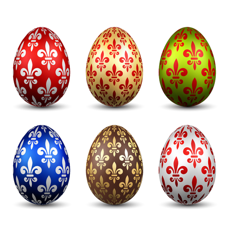 Easter egg 3D icon. Color eggs set, isolated white background. Flower fleur de lis design, decoration Happy Easter celebration. Royal lily element. Holiday pattern. Spring symbol Vector illustrationのイラスト素材