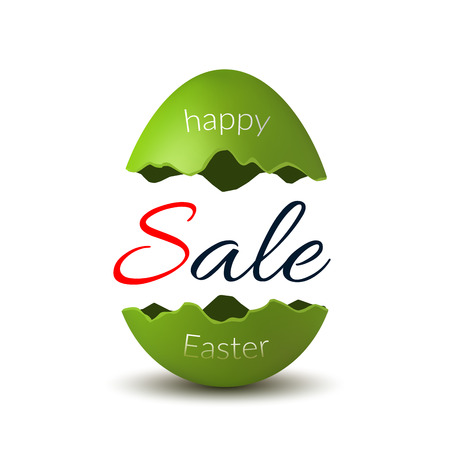 Easter egg text sale. Happy Easter egg 3D template isolated on white background. Design banner, greeting poster, promotion, holiday decoration, special offer. Label tag discount Vector illustrationのイラスト素材