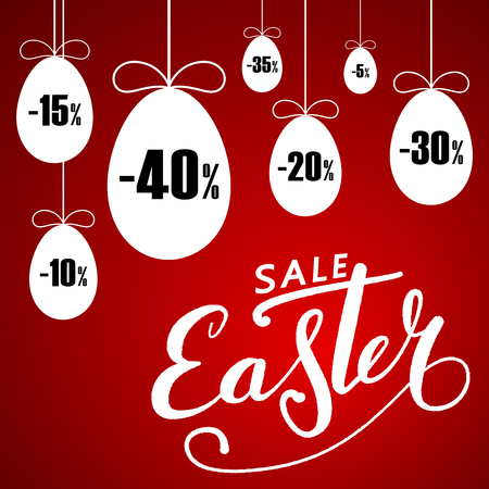 Easter sale banner. Easter hanging eggs, cartoon ribbon bow, red background. Tag template for holiday Easter decoration, label discount, special offer. Lettering text design Vector illustrationのイラスト素材