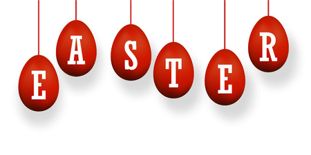 Easter egg 3D icons. Red set, white text, hanging eggs, isolated background. Bright realistic design, decoration Happy Easter celebration. Holiday element pattern. Spring symbol Vector illustrationのイラスト素材
