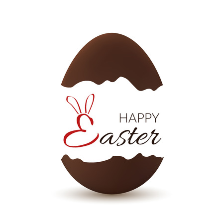 Easter broken egg. Happy Easter text bunny ears. Chocolate brown open egg isolated white background. Traditional sweet candy decoration Happy Easter celebration. Holiday design Vector illustrationのイラスト素材