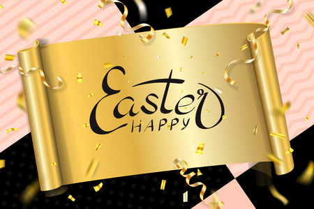 Happy Easter background, lettering, confetti. Greeting Easter 3D card. Gold decoration frame, handwritten inscription. Holiday design poster, banner. Calligraphy retro letter Vector illustrationのイラスト素材