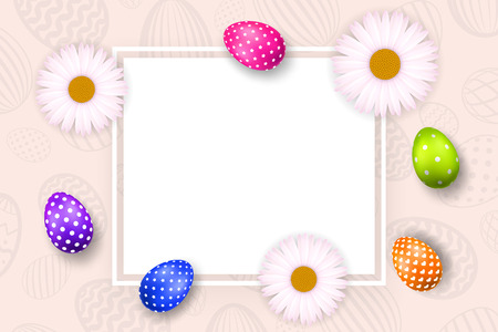 Happy Easter background, pastel textured eggs, chamomile. Decoration paper frame. Greeting Easter 3D card. Border template, empty space. Holiday design poster, banner, invitation Vector illustrationのイラスト素材