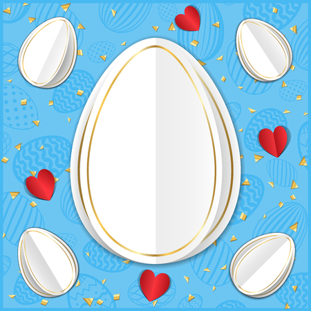 Happy Easter background, pastel textured eggs. Gold decoration paper frame. Greeting Easter 3D card. Border template, empty copy space. Holiday design poster, banner, invitation Vector illustrationのイラスト素材