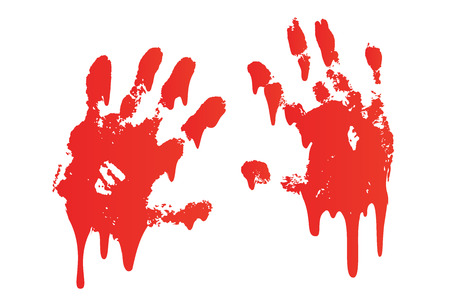 Bloody hand print set isolated white background. Horror scary blood handprint, fingerprint. Red palm, fingers, stain, splatter, streams. Symbol horror zombie, murder, violence Vector illustrationのイラスト素材