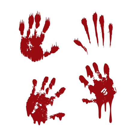 Bloody hand print set isolated white background. Horror scary blood handprint, fingerprint. Red palm, fingers, stain, splatter, streams. Symbol horror zombie, murder, violence Vector illustrationのイラスト素材