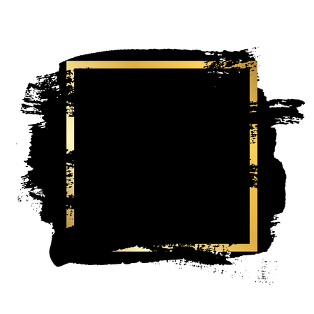 Brush stroke, gold text box, isolated white background. Black paint brush. Grunge texture stroke frame. Ink design. Border artistic shape, paintbrush element. Brushstroke graphic Vector illustrationのイラスト素材