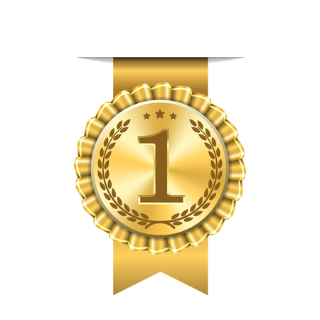 Award ribbon gold icon number first. Design winner golden medal 1 prize. Symbol best trophy, 1st success champion, one sport competition honor, achievement leadership, victory Vector illustrationのイラスト素材