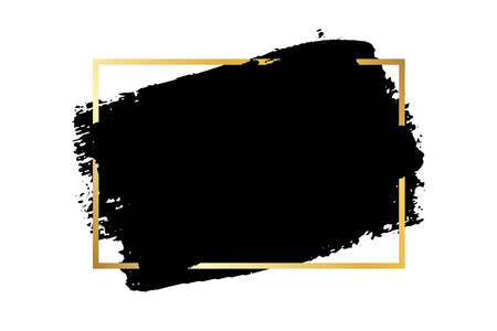Brush stroke, gold text box, isolated white background. Black paint brush. Grunge texture stroke frame. Ink design. Border artistic shape, paintbrush element. Brushstroke graphic Vector illustrationのイラスト素材