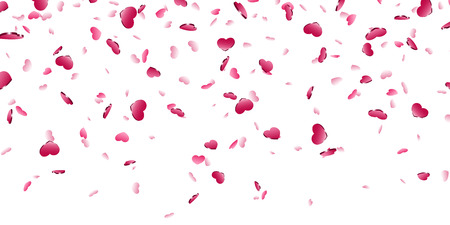 Heart falling confetti isolated white background. Pink fall hearts. Valentine day decoration. Love element design, hearts-shape confetti invitation wedding card, romantic holiday Vector illustrationのイラスト素材