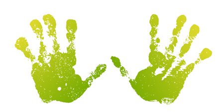 Hand paint print set, isolated white background. Green human palm and fingers. Abstract art design, symbol identity people. Silhouette child, kid, people handprint. Grunge texture Vector illustrationのイラスト素材
