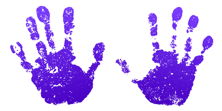 Hand paint print set, isolated white background. Color human palm and fingers. Abstract art design, symbol identity people. Silhouette child, kid, people handprint. Grunge texture Vector illustrationのイラスト素材