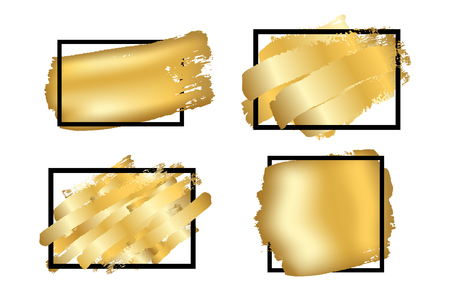 Gold brush in black square frame isolated white background. Golden strokes set abstract texture. Fashion border. Gold glitter smear. Shine design wedding invitation, sale banner Vector illustrationのイラスト素材