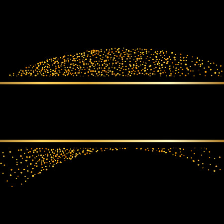 Gold lines on black background. Golden glow sparkle effect. Shine bright frame. Light magic effect design. Abstract shiny banner for Christmas decoration, Happy New Year holiday Vector illustrationのイラスト素材
