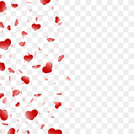 Heart frame isolated white background. Red hearts fall confetti border. Abstract heart-shape design love card, wedding romantic poster. Pattern greeting, Valentine day decoration Vector illustrationのイラスト素材