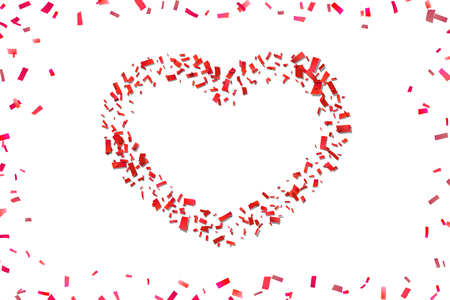 Heart confetti isolated white background. Fall red confetti, heart-shape. Valentine day holiday, romantic wedding border card. Valentines decoration frame. Greeting love design Vector illustrationのイラスト素材