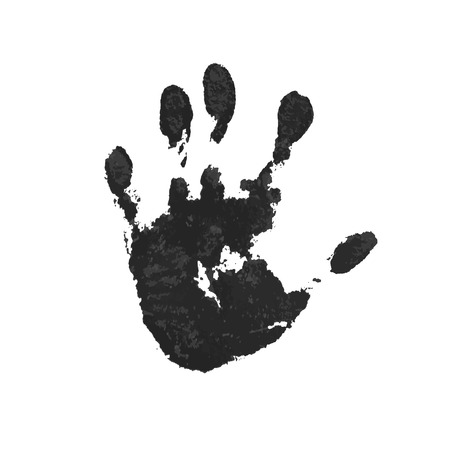 Hand print isolated on white background. Black paint human hands. Silhouette of child, kid, young people handprint. Stamp fingers and palm shape. Abstract design. Grunge texture Vector illustrationのイラスト素材