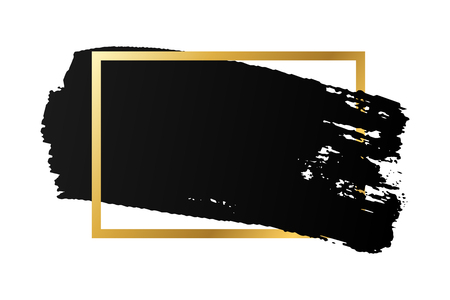 Brush stroke, gold text box, isolated white background. Black paint brush. Grunge texture stroke frame. Ink design. Border artistic shape, paintbrush element. Brushstroke graphic Vector illustrationのイラスト素材
