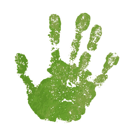 Hand paint print, isolated white background. Green human palm and fingers. Abstract art design, symbol identity people. Silhouette child, kid, people handprint. Grunge texture Vector illustrationのイラスト素材