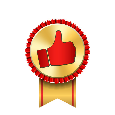 Ribbon award up thumb gold icon. Gesture success hand golden medal. Best choice, best seller, label control quality satisfaction. Design stamp guarantee certificate seal recommend Vector illustrationのイラスト素材