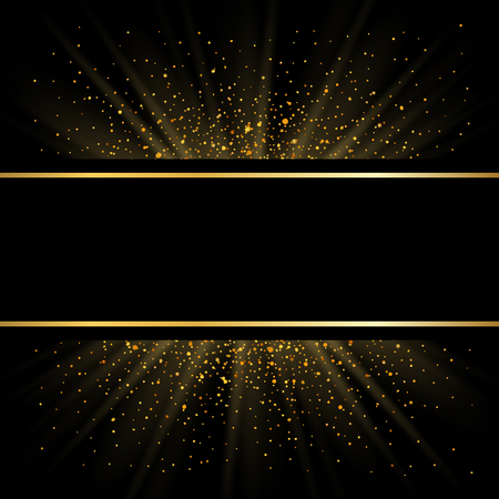 Gold lines on black background. Golden glow sparkle effect. Shine bright frame. Light magic effect design. Abstract shiny banner for Christmas decoration, Happy New Year holiday Vector illustrationのイラスト素材