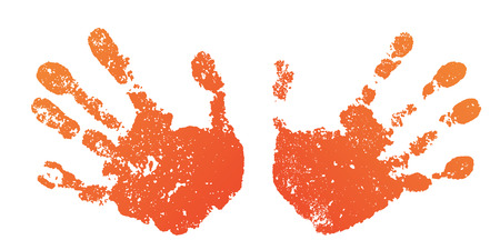 Hand paint print set, isolated white background. Orange human palm, fingers. Abstract art design, symbol identity people. Silhouette child, kid, people handprint. Grunge texture Vector illustrationのイラスト素材