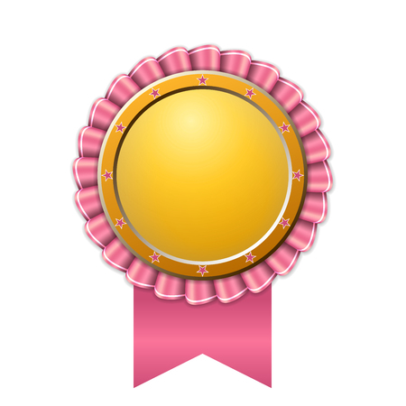 Award ribbon gold icon. Golden pink medal design, isolated white background. Symbol of winner celebration, best champion achievement, success trophy seal. Blank rosette element Vector illustrationのイラスト素材