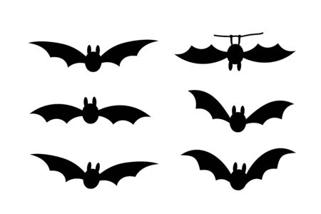 Bats icon set. Bat black silhouette with wings isolated white background. Symbol Halloween holiday, mystery cartoon dark vampire, night flyin element. Spooky scary flat design Vector illustrationのイラスト素材