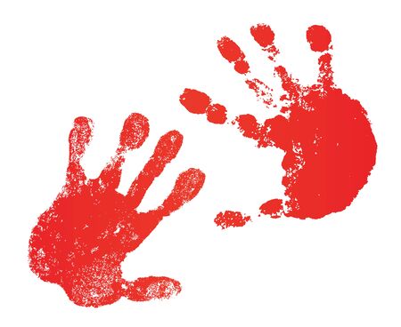 Hand paint print set, isolated white background. Red human palm and fingers. Abstract art design, symbol identity people. Silhouette child, kid, people handprint. Grunge texture Vector illustrationのイラスト素材