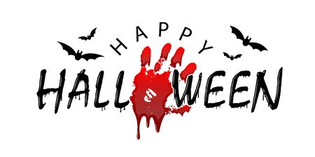Happy Halloween card. Black scary design isolated on white background. Horror silhouette for banner, holiday card. Cartoon sinister dripping flow blood, hand, swarm flying bats Vector illustrationのイラスト素材