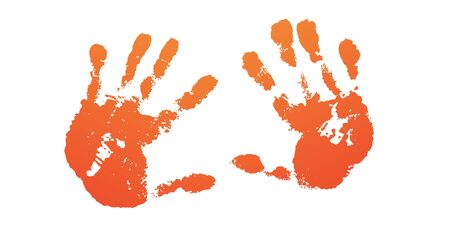 Hand paint print set, isolated white background. Prange human palm, fingers. Abstract art design, symbol identity people. Silhouette child, kid, people handprint. Grunge texture Vector illustrationのイラスト素材