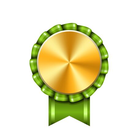 Award ribbon gold icon. Golden green medal design, isolated white background. Symbol of winner celebration, best champion achievement, success trophy seal. Blank rosette element Vector illustrationのイラスト素材