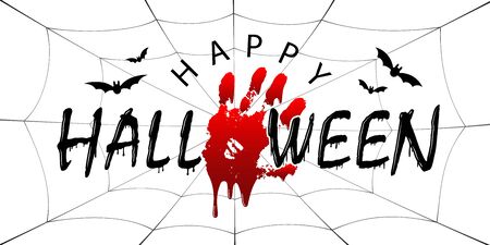 Happy Halloween card. Black scary design isolated white background. Horror silhouette for banner, holiday card. Cartoon sinister dripping flow blood, hand, swarm flying bats, web Vector illustrationのイラスト素材
