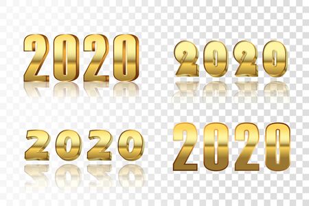 Happy New Year number set. Gold 3D number 2020 isolated white transparent background. Bright golden design greeting card, Christmas banner holiday celebration, decoration calendar Vector illustrationのイラスト素材