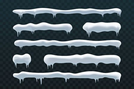 Snow ice icicle set Winter design. White blue snow template. Snowy frame decoration isolated blue transparent background. 3D realistic cap. Christmas, New Year frozen ice texture Vector illustrationのイラスト素材