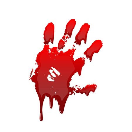 Bloody hand print 3D isolated white background. Horror scary drip blood dirty handprint, fingerprint. Red palm, fingers, stain, splatter, streams. Symbol horror murder, violence Vector illustrationのイラスト素材
