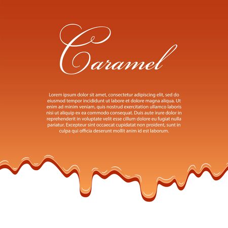 Caramel sauce seamless pattern template, lorem ipsum text. 3d caramel drop liquid isolated white background. Flow syrup border. Sweet design. Realistic melt candy. Drip dessert Vector illustrationのイラスト素材