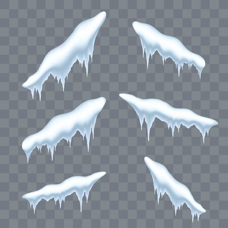 Snow cap ice set. Winter design snowy icicle roof. White blue snow template. Frame decoration isolated transparent background. 3D realistic cap. Christmas, New Year frozen texture Vector illustrationのイラスト素材
