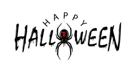 Happy Halloween card. Drip text, spider isolated white background. Greeting design banner, Halloween holiday celebration. Horror silhouette spider Black Widow. Cartoon flow blood Vector illustrationのイラスト素材